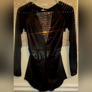EUC 1 Piece Black Faux Leather Rhinestone Dance Costume Shorts Long Sleeve Sheer